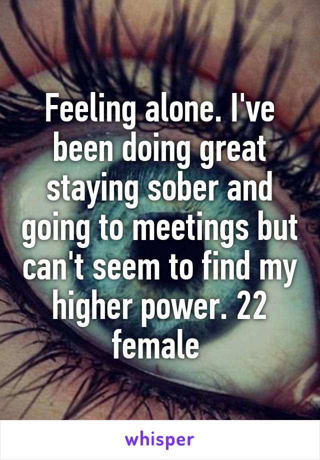 Feeling alone. I've been doing great staying sober and going to meetings but can't seem to find my higher power. 22 female 