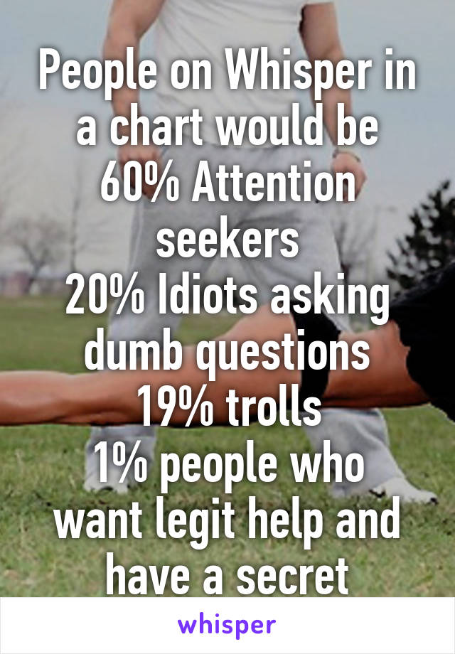 People on Whisper in a chart would be
60% Attention seekers
20% Idiots asking dumb questions
19% trolls
1% people who want legit help and have a secret