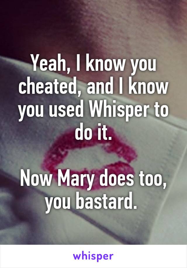 Yeah, I know you cheated, and I know you used Whisper to do it.

Now Mary does too, you bastard. 