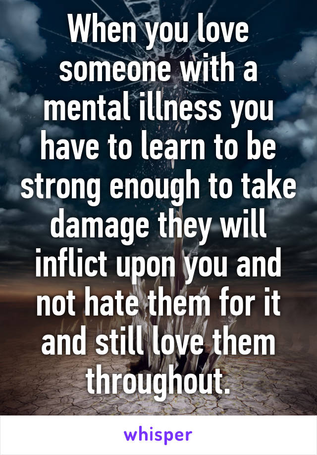 When you love someone with a mental illness you have to learn to be strong enough to take damage they will inflict upon you and not hate them for it and still love them throughout.
