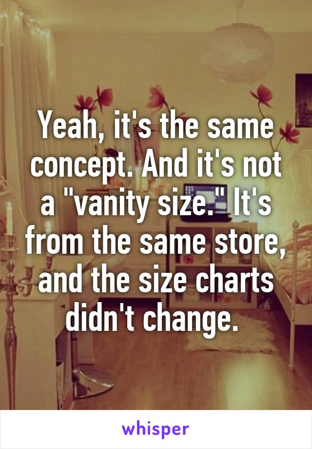 Yeah, it's the same concept. And it's not a "vanity size." It's from the same store, and the size charts didn't change. 