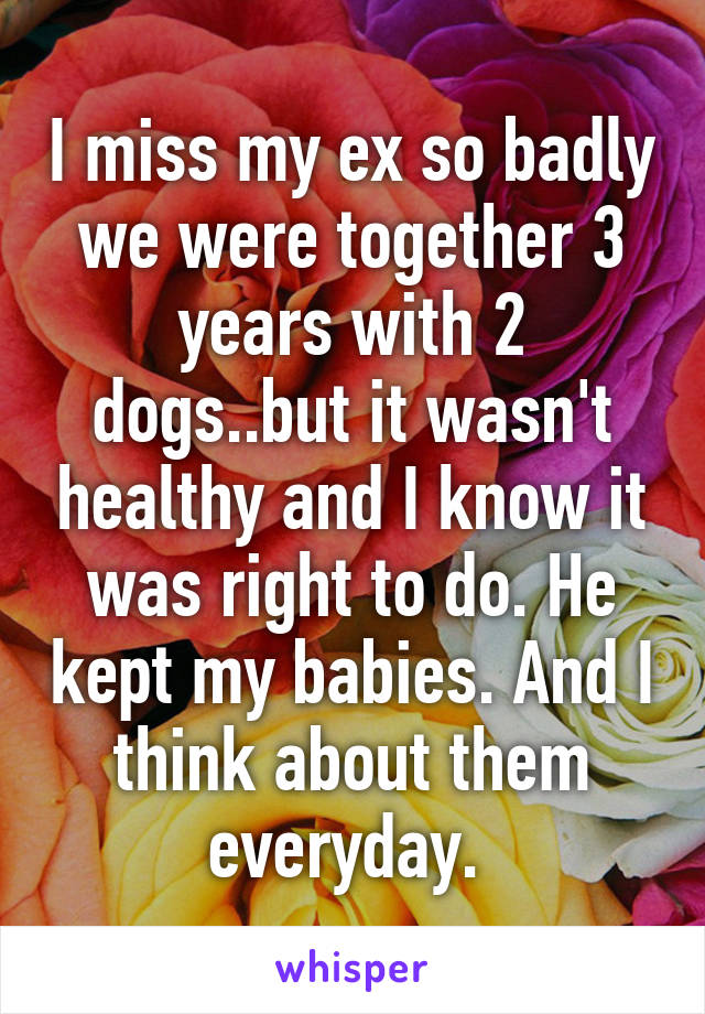 I miss my ex so badly we were together 3 years with 2 dogs..but it wasn't healthy and I know it was right to do. He kept my babies. And I think about them everyday. 