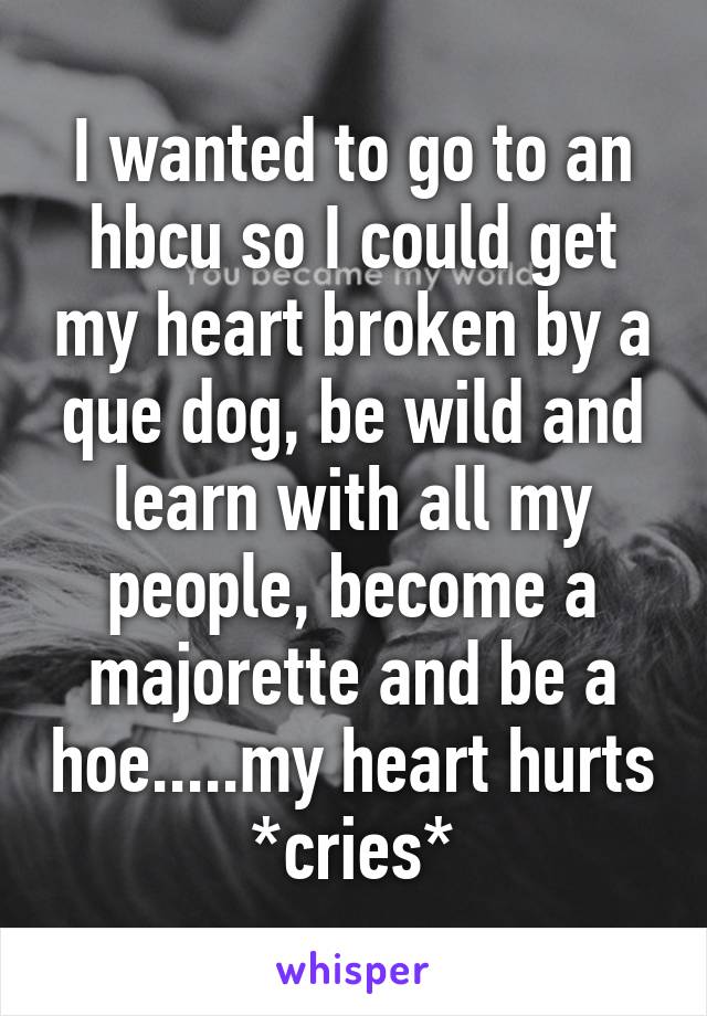 I wanted to go to an hbcu so I could get my heart broken by a que dog, be wild and learn with all my people, become a majorette and be a hoe.....my heart hurts *cries*