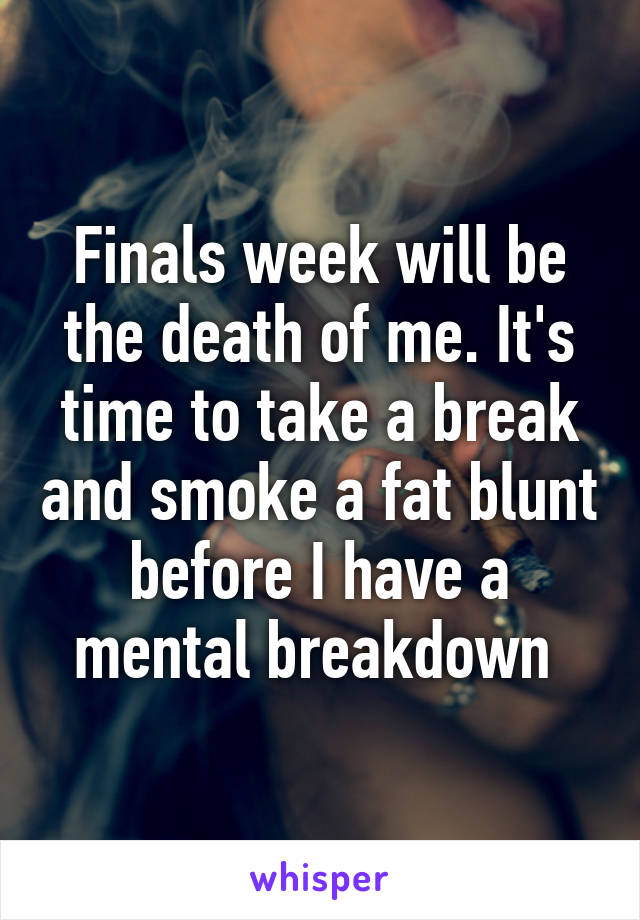 Finals week will be the death of me. It's time to take a break and smoke a fat blunt before I have a mental breakdown 