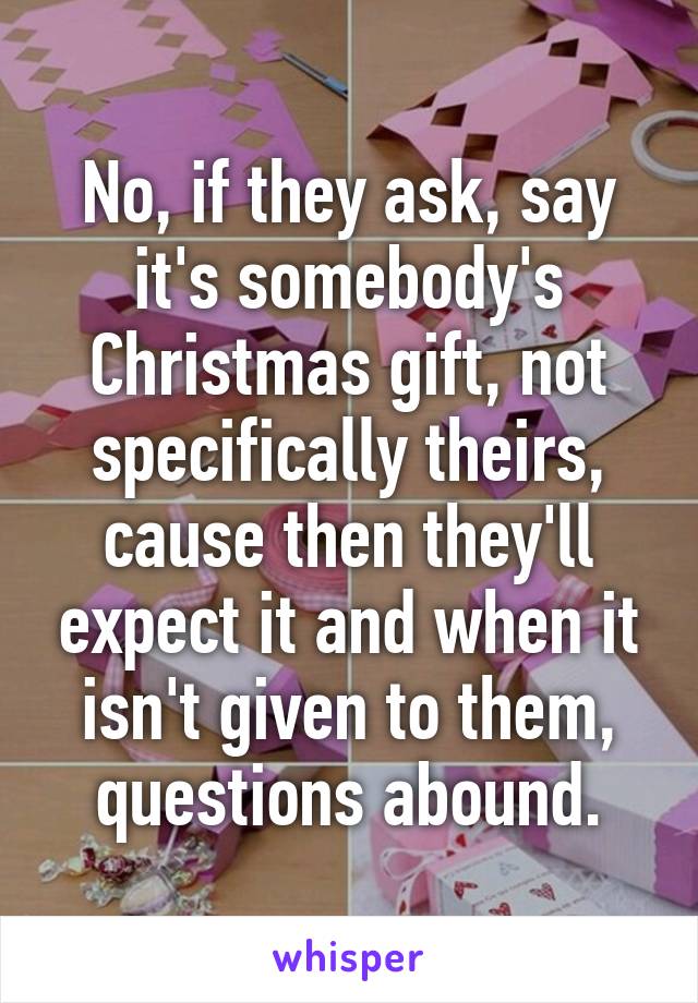 No, if they ask, say it's somebody's Christmas gift, not specifically theirs, cause then they'll expect it and when it isn't given to them, questions abound.