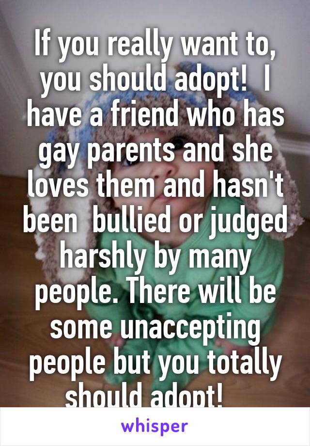 If you really want to, you should adopt!  I have a friend who has gay parents and she loves them and hasn't been  bullied or judged harshly by many people. There will be some unaccepting people but you totally should adopt!   