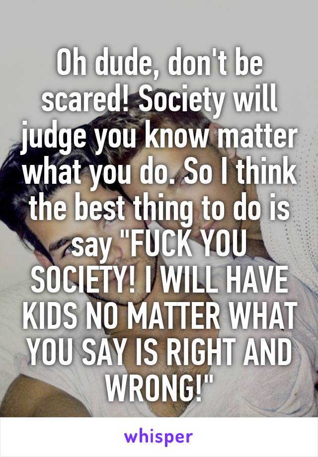 Oh dude, don't be scared! Society will judge you know matter what you do. So I think the best thing to do is say "FUCK YOU SOCIETY! I WILL HAVE KIDS NO MATTER WHAT YOU SAY IS RIGHT AND WRONG!"