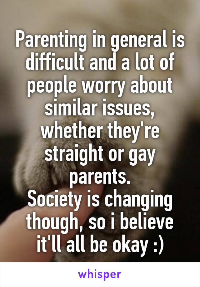 Parenting in general is difficult and a lot of people worry about similar issues, whether they're straight or gay parents.
Society is changing though, so i believe it'll all be okay :)