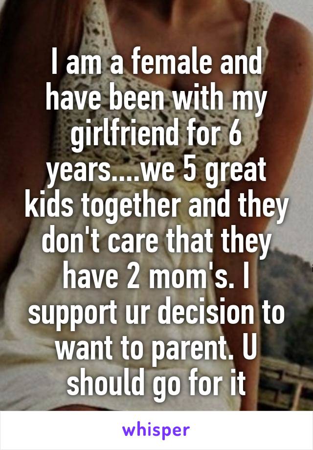 I am a female and have been with my girlfriend for 6 years....we 5 great kids together and they don't care that they have 2 mom's. I support ur decision to want to parent. U should go for it