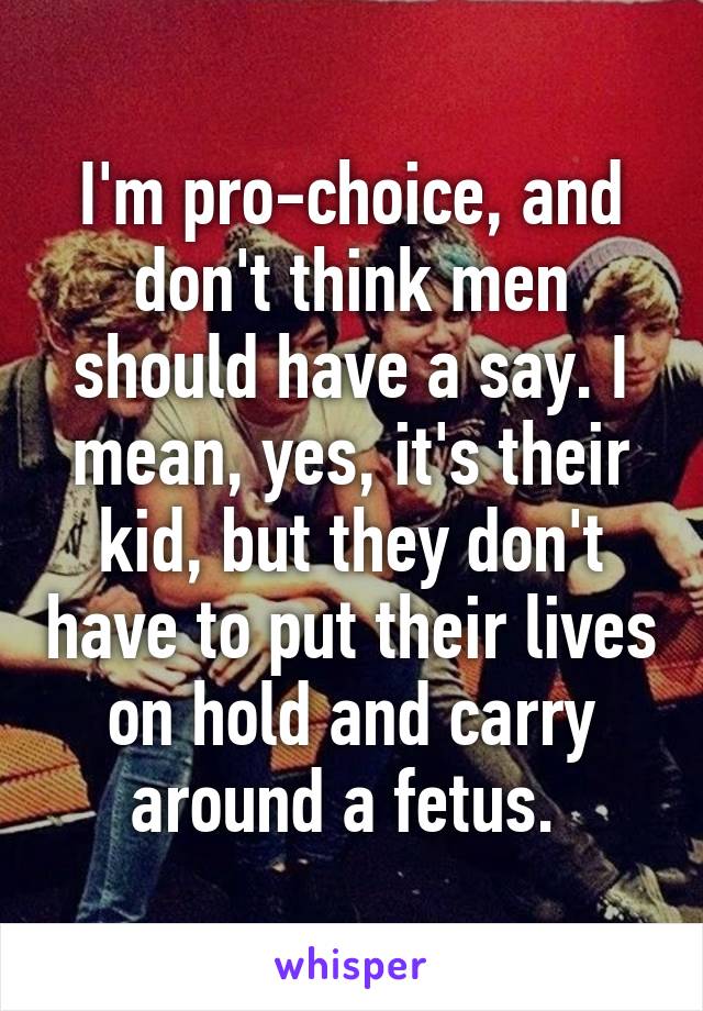 I'm pro-choice, and don't think men should have a say. I mean, yes, it's their kid, but they don't have to put their lives on hold and carry around a fetus. 