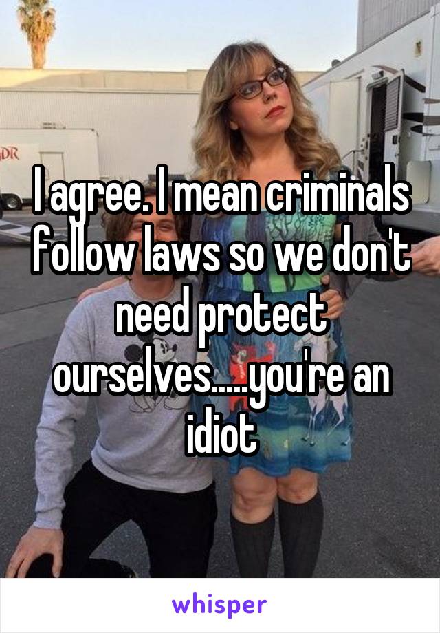 I agree. I mean criminals follow laws so we don't need protect ourselves.....you're an idiot