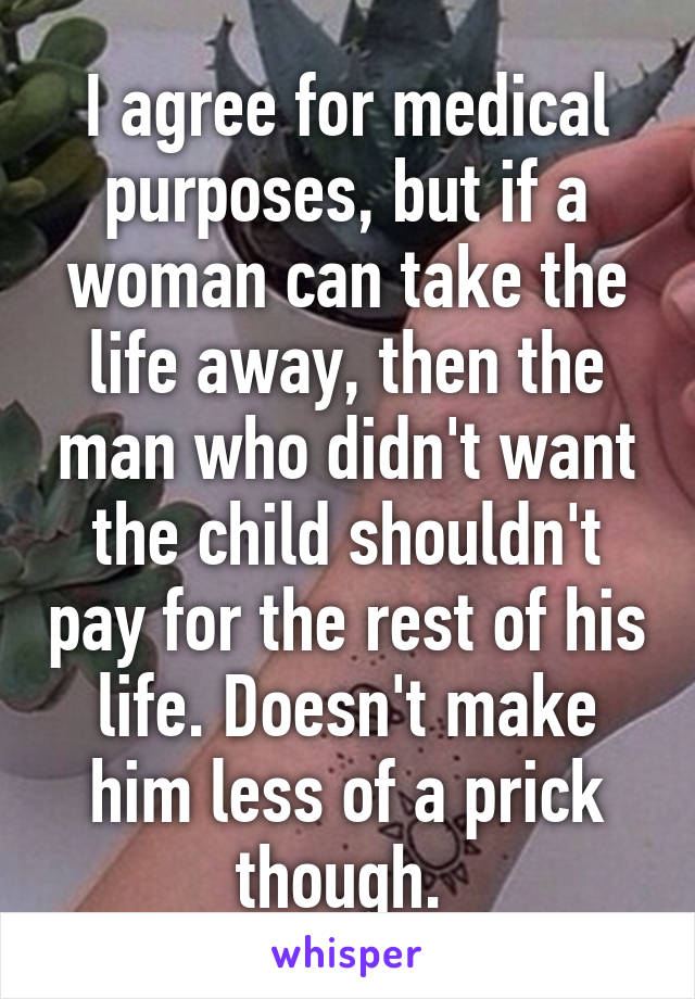 I agree for medical purposes, but if a woman can take the life away, then the man who didn't want the child shouldn't pay for the rest of his life. Doesn't make him less of a prick though. 