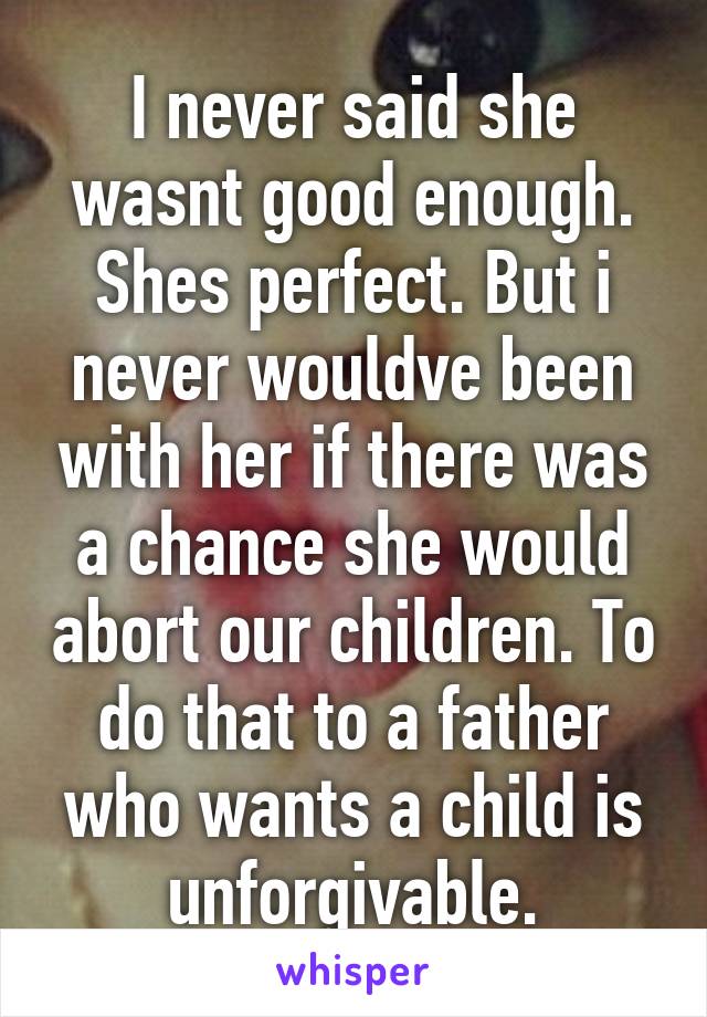 I never said she wasnt good enough. Shes perfect. But i never wouldve been with her if there was a chance she would abort our children. To do that to a father who wants a child is unforgivable.