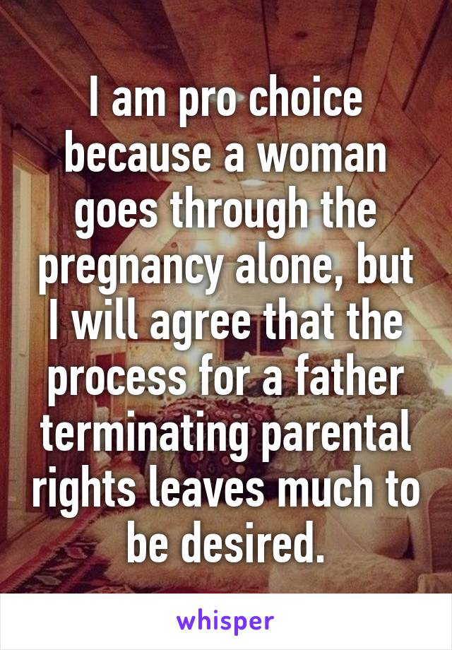 I am pro choice because a woman goes through the pregnancy alone, but I will agree that the process for a father terminating parental rights leaves much to be desired.