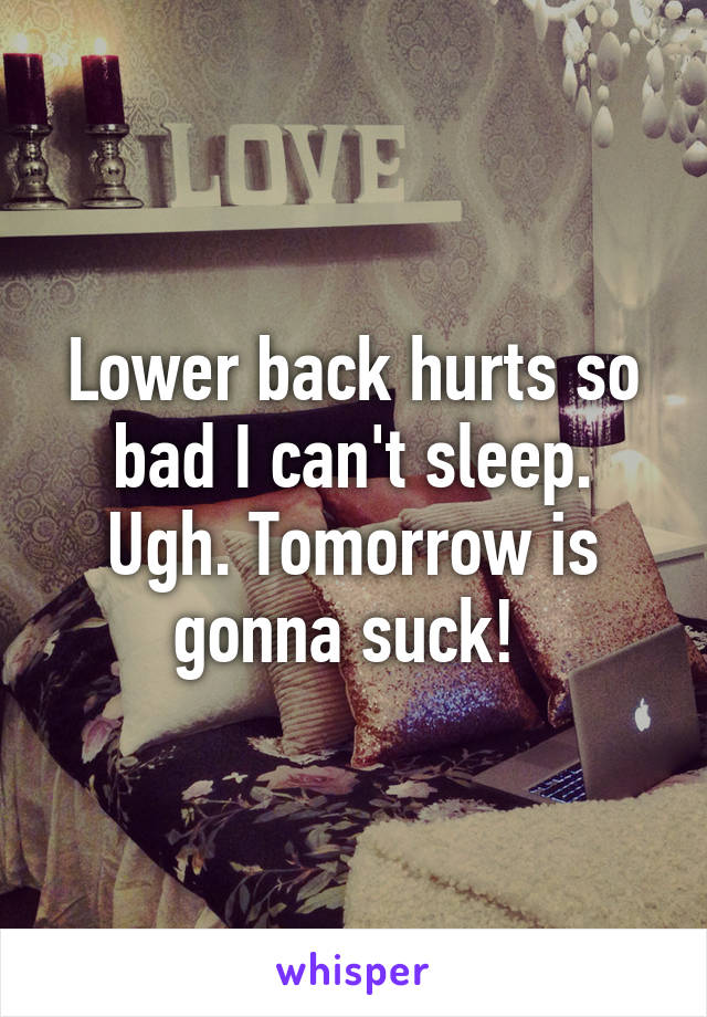 Lower back hurts so bad I can't sleep. Ugh. Tomorrow is gonna suck! 