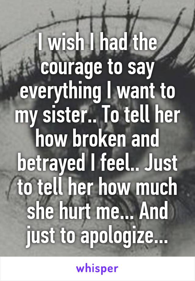 I wish I had the courage to say everything I want to my sister.. To tell her how broken and betrayed I feel.. Just to tell her how much she hurt me... And just to apologize...