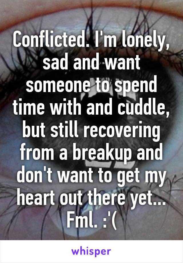 Conflicted. I'm lonely, sad and want someone to spend time with and cuddle, but still recovering from a breakup and don't want to get my heart out there yet... Fml. :'(