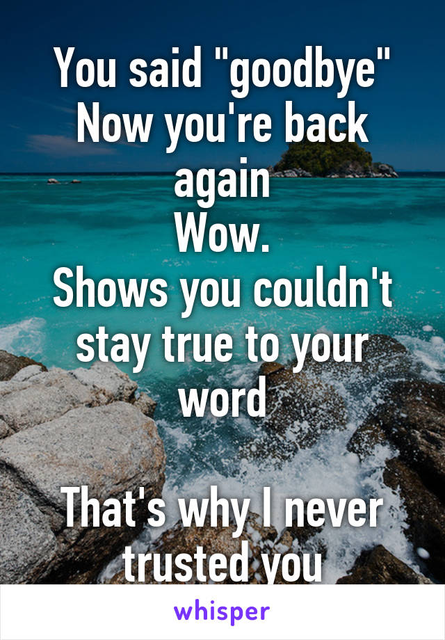 You said "goodbye"
Now you're back again
Wow.
Shows you couldn't stay true to your word

That's why I never trusted you