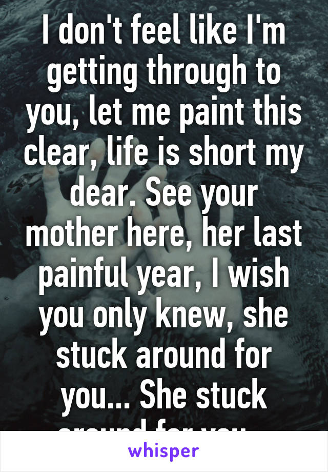 I don't feel like I'm getting through to you, let me paint this clear, life is short my dear. See your mother here, her last painful year, I wish you only knew, she stuck around for you... She stuck around for you...