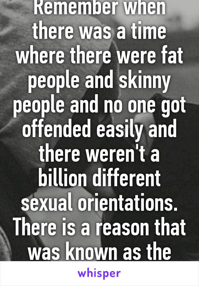 Remember when there was a time where there were fat people and skinny people and no one got offended easily and there weren't a billion different sexual orientations. There is a reason that was known as the simpler times