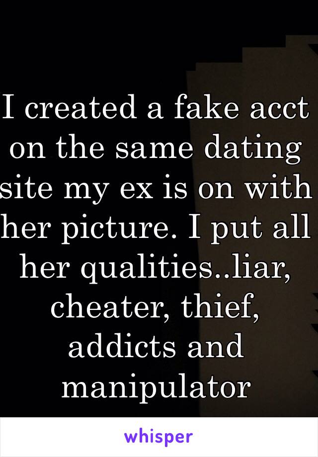 I created a fake acct on the same dating site my ex is on with her picture. I put all her qualities..liar, cheater, thief, addicts and manipulator 