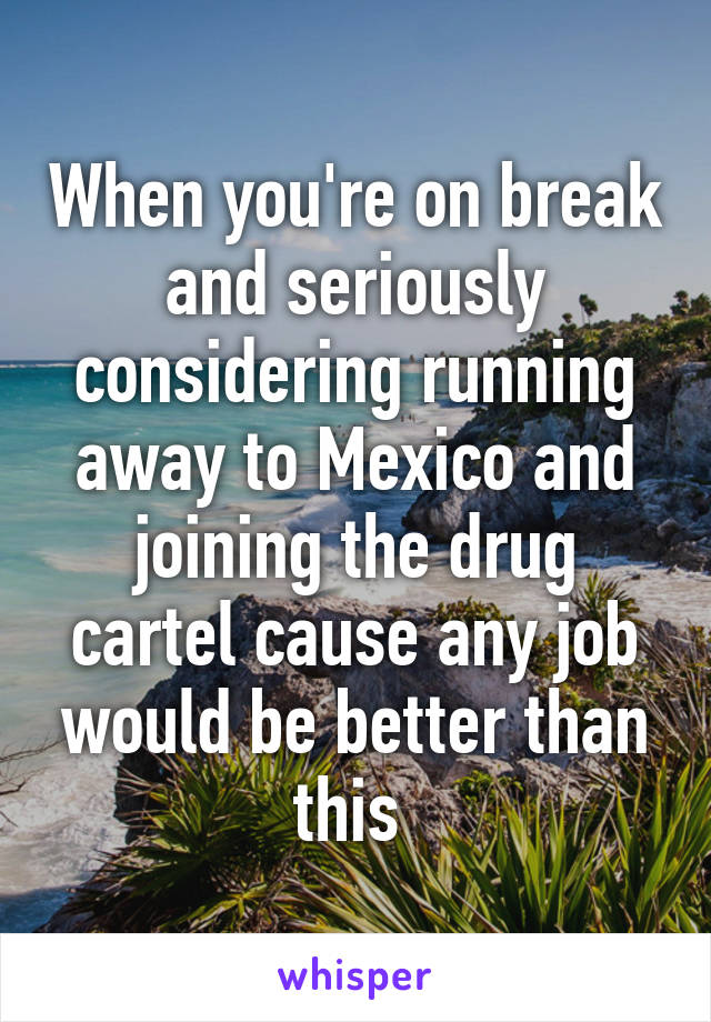 When you're on break and seriously considering running away to Mexico and joining the drug cartel cause any job would be better than this 