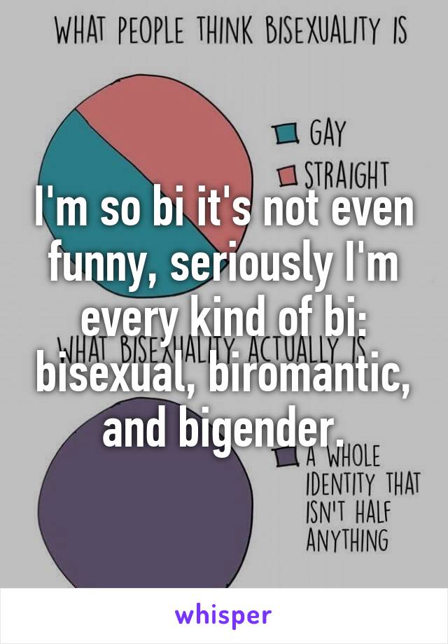 I'm so bi it's not even funny, seriously I'm every kind of bi: bisexual, biromantic, and bigender.