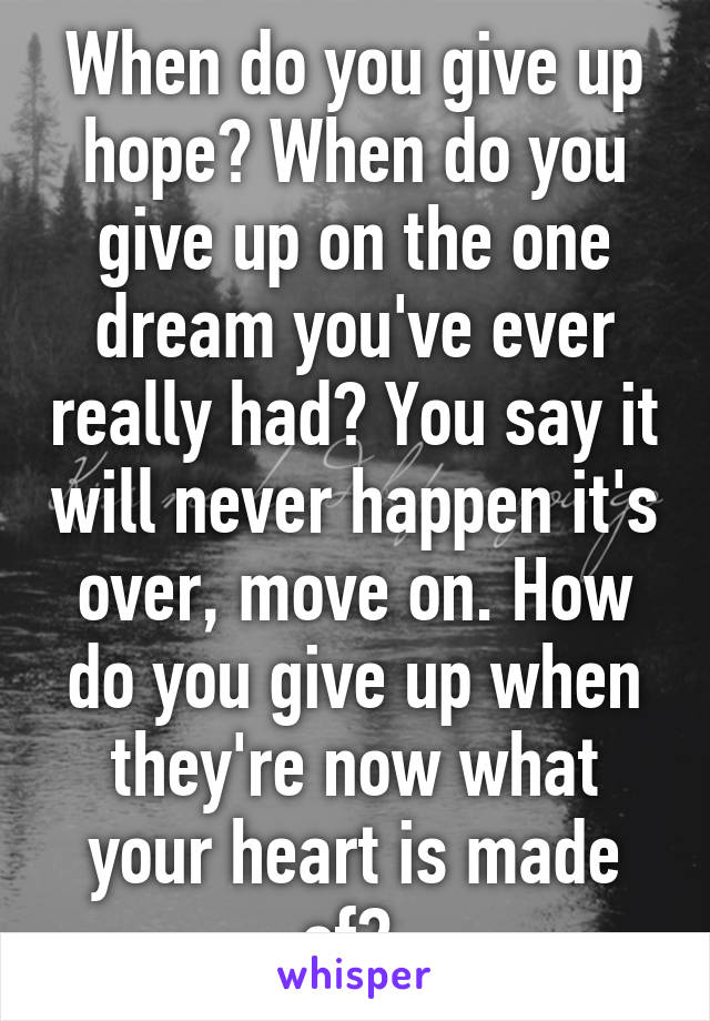 When do you give up hope? When do you give up on the one dream you've ever really had? You say it will never happen it's over, move on. How do you give up when they're now what your heart is made of? 