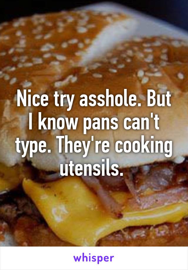 Nice try asshole. But I know pans can't type. They're cooking utensils. 