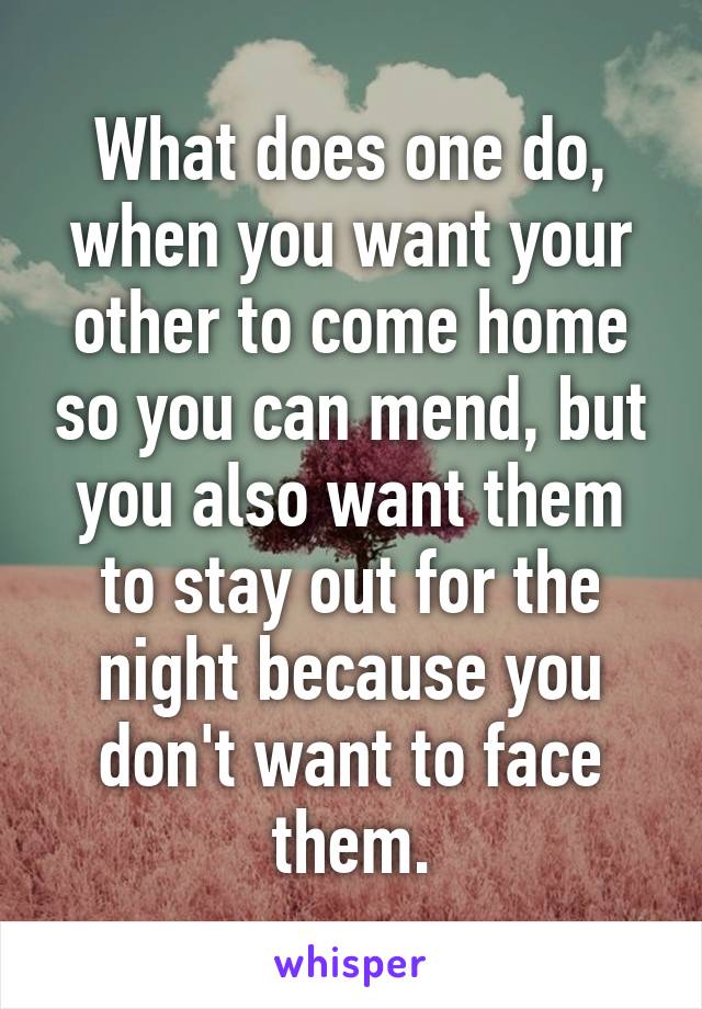 What does one do, when you want your other to come home so you can mend, but you also want them to stay out for the night because you don't want to face them.