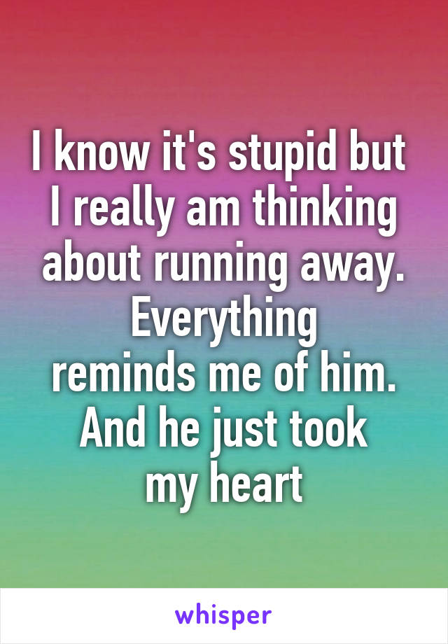 I know it's stupid but 
I really am thinking about running away.
Everything
reminds me of him.
And he just took
my heart