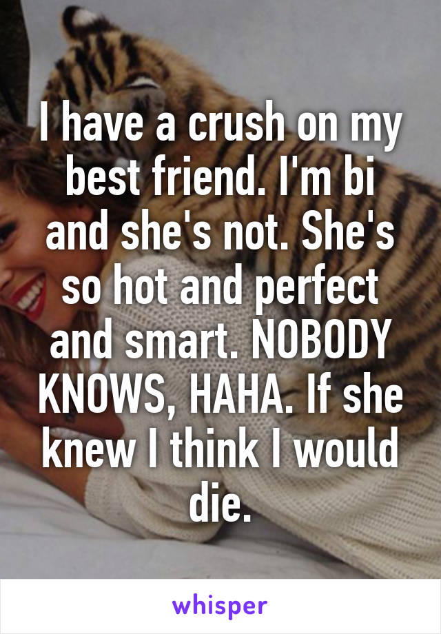 I have a crush on my best friend. I'm bi and she's not. She's so hot and perfect and smart. NOBODY KNOWS, HAHA. If she knew I think I would die.