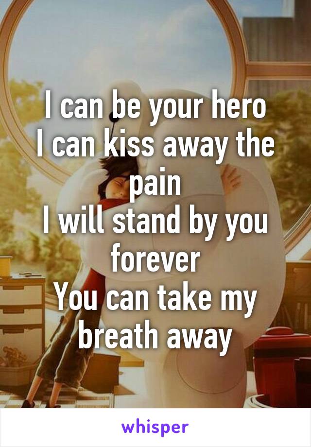 I can be your hero
I can kiss away the pain
I will stand by you forever
You can take my breath away