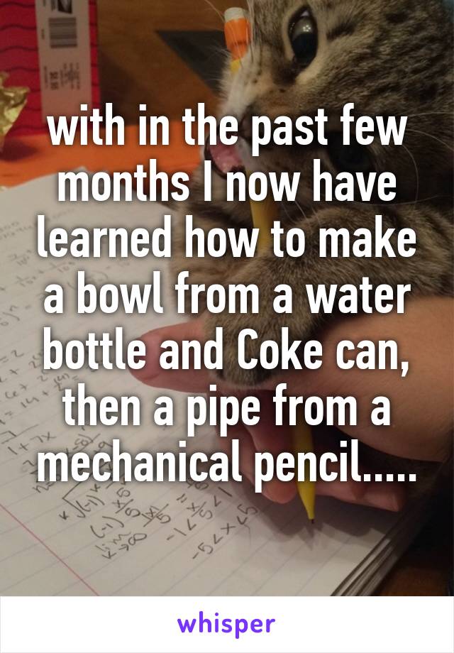 with in the past few months I now have learned how to make a bowl from a water bottle and Coke can, then a pipe from a mechanical pencil.....
