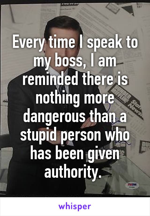 Every time I speak to my boss, I am reminded there is nothing more dangerous than a stupid person who has been given authority. 