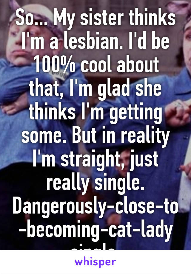 So... My sister thinks I'm a lesbian. I'd be 100% cool about that, I'm glad she thinks I'm getting some. But in reality I'm straight, just really single. Dangerously-close-to-becoming-cat-lady single.