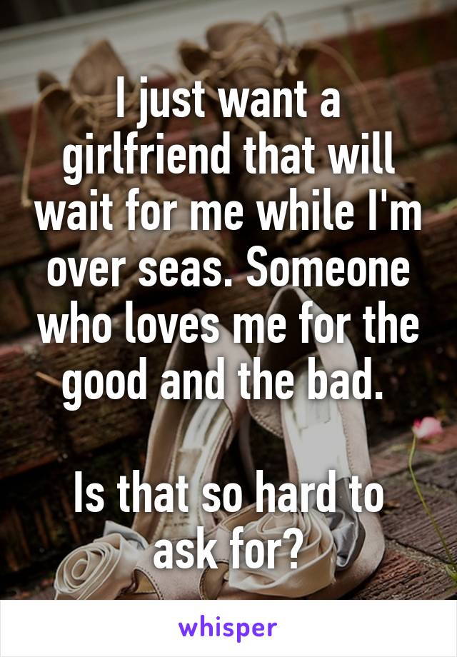 I just want a girlfriend that will wait for me while I'm over seas. Someone who loves me for the good and the bad. 

Is that so hard to ask for?