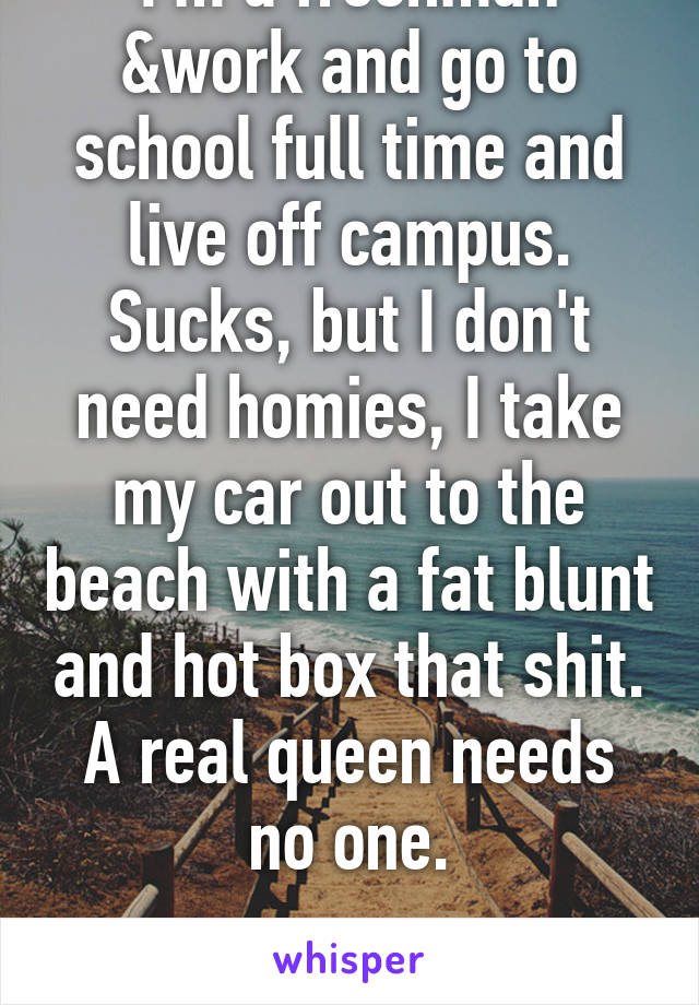 I'm a freshman &work and go to school full time and live off campus. Sucks, but I don't need homies, I take my car out to the beach with a fat blunt and hot box that shit. A real queen needs no one.

