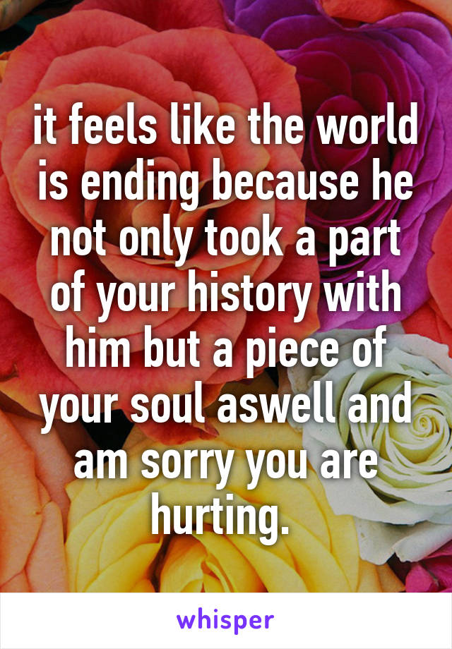 it feels like the world is ending because he not only took a part of your history with him but a piece of your soul aswell and am sorry you are hurting. 