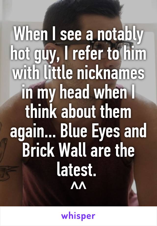 When I see a notably hot guy, I refer to him with little nicknames in my head when I think about them again... Blue Eyes and Brick Wall are the latest. 
^^