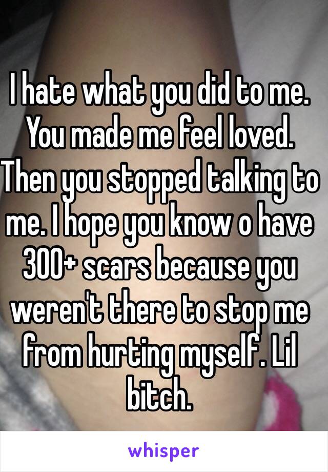 I hate what you did to me. You made me feel loved. Then you stopped talking to me. I hope you know o have 300+ scars because you weren't there to stop me from hurting myself. Lil bitch. 