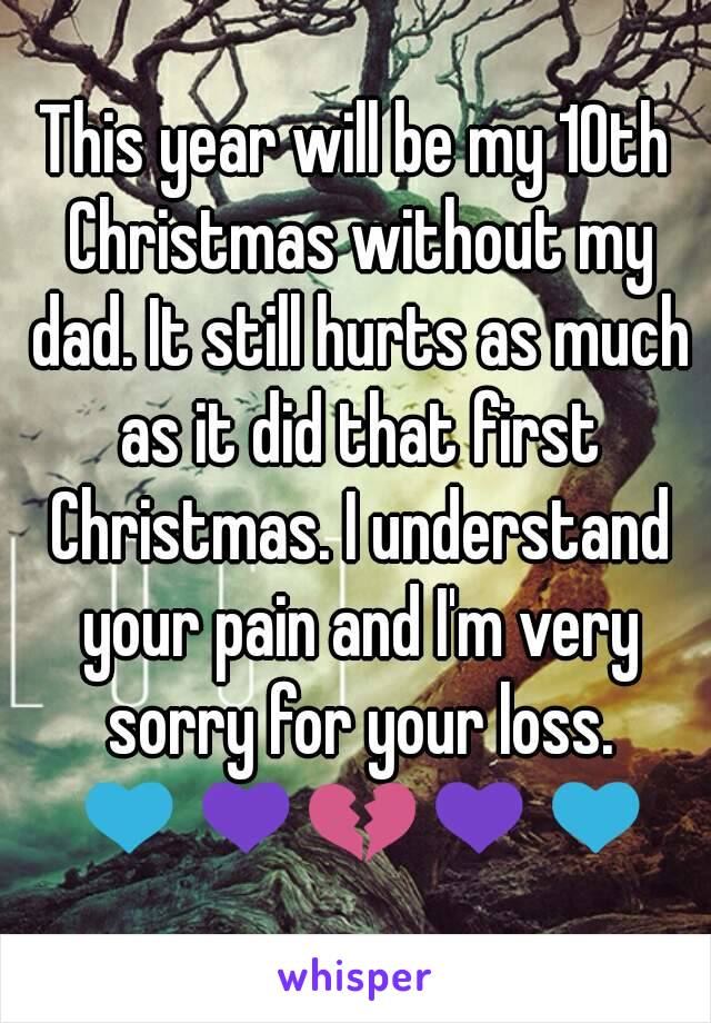 This year will be my 10th Christmas without my dad. It still hurts as much as it did that first Christmas. I understand your pain and I'm very sorry for your loss. 💙💜💔💜💙