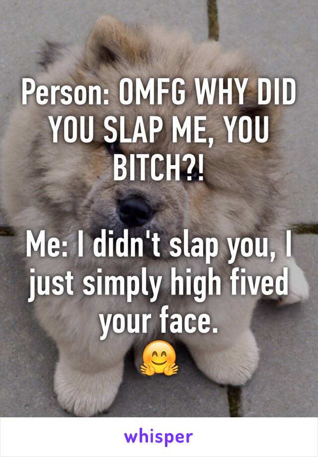 Person: OMFG WHY DID YOU SLAP ME, YOU BITCH?!

Me: I didn't slap you, I just simply high fived your face. 
🤗