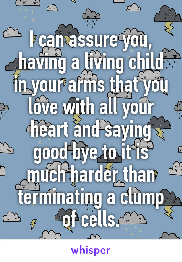 I can assure you, having a living child in your arms that you love with all your heart and saying good bye to it is much harder than terminating a clump of cells.