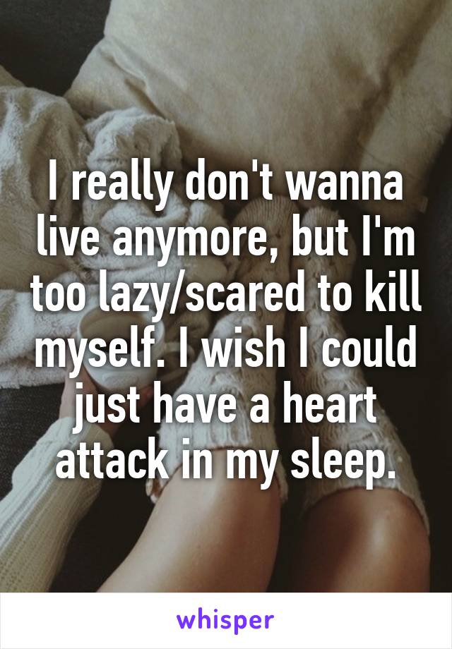 I really don't wanna live anymore, but I'm too lazy/scared to kill myself. I wish I could just have a heart attack in my sleep.