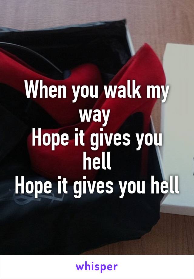 When you walk my way 
Hope it gives you hell
Hope it gives you hell