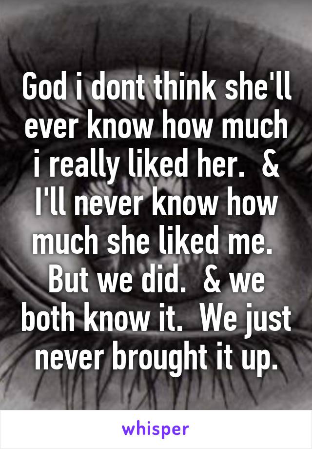 God i dont think she'll ever know how much i really liked her.  & I'll never know how much she liked me.  But we did.  & we both know it.  We just never brought it up.