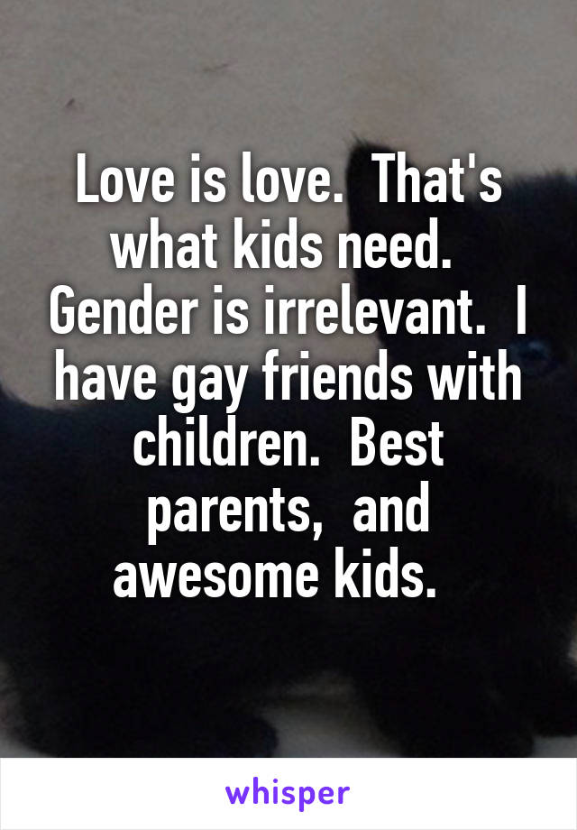 Love is love.  That's what kids need.  Gender is irrelevant.  I have gay friends with children.  Best parents,  and awesome kids.  
