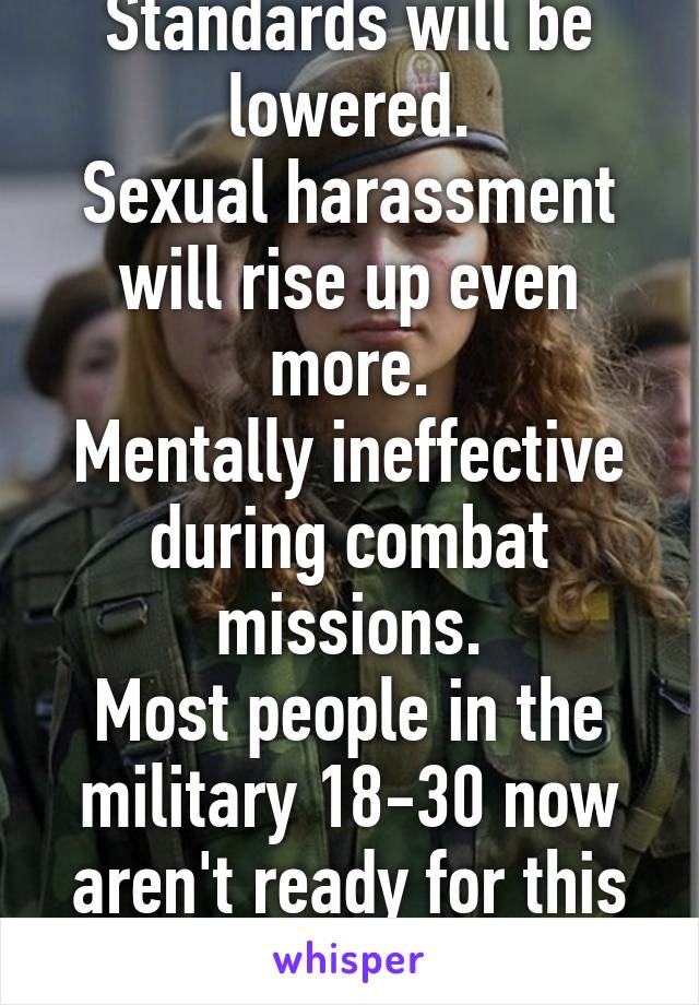 Standards will be lowered.
Sexual harassment will rise up even more.
Mentally ineffective during combat missions.
Most people in the military 18-30 now aren't ready for this change.