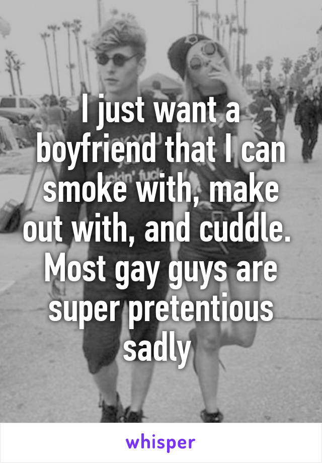 I just want a boyfriend that I can smoke with, make out with, and cuddle. 
Most gay guys are super pretentious sadly 